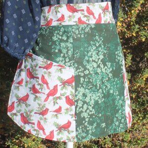 Red Cardinal Christmas Print Adult Half Apron Red Green Reversible Handmade